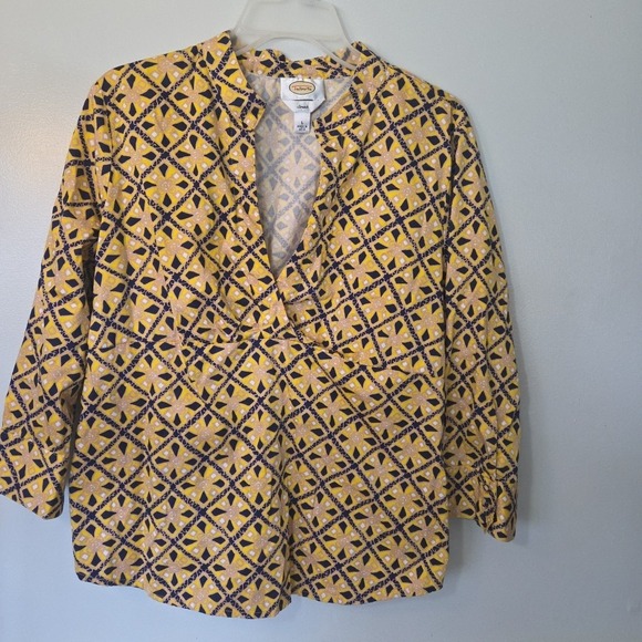 Talbots Womens Shirt Size Large Geometric Yellow Blue Pullover V Neck Stretch - Picture 3 of 9